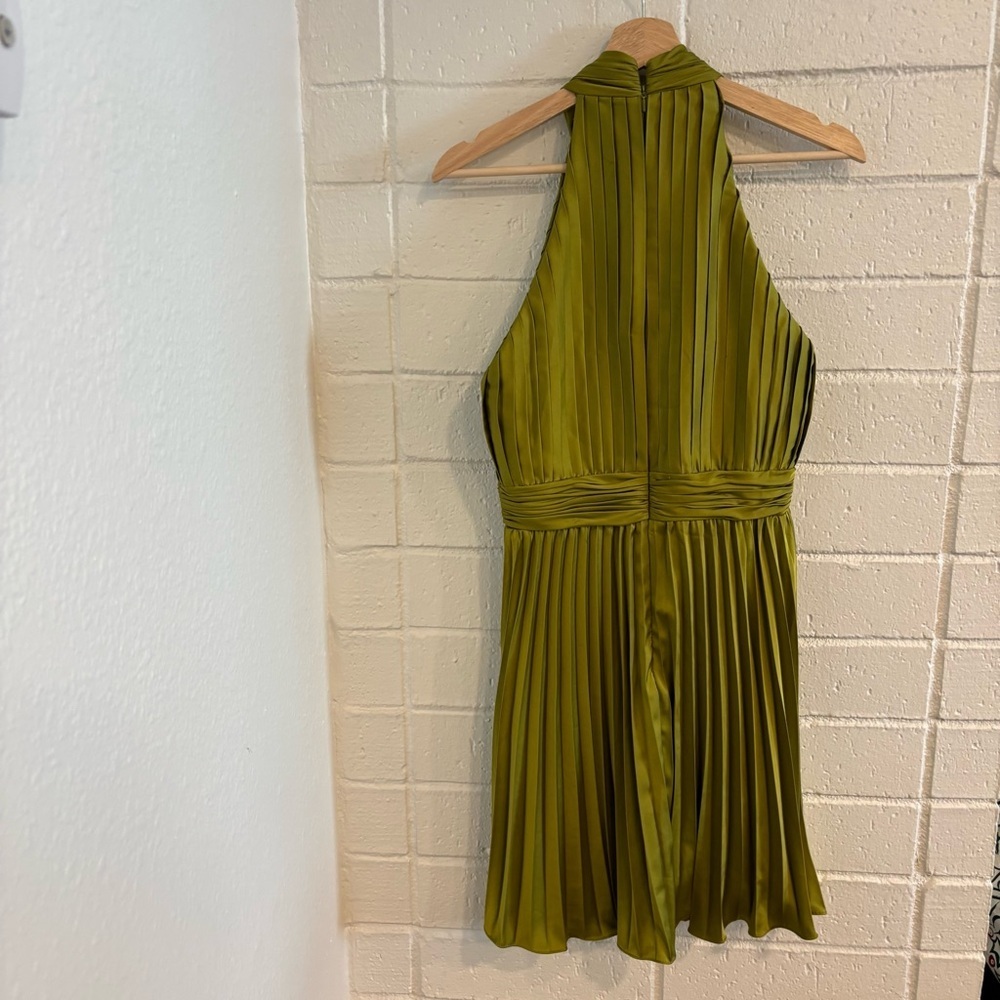 Mac Duggal Satin Pleated Olive Green Halter Dress - Picture 6 of 9